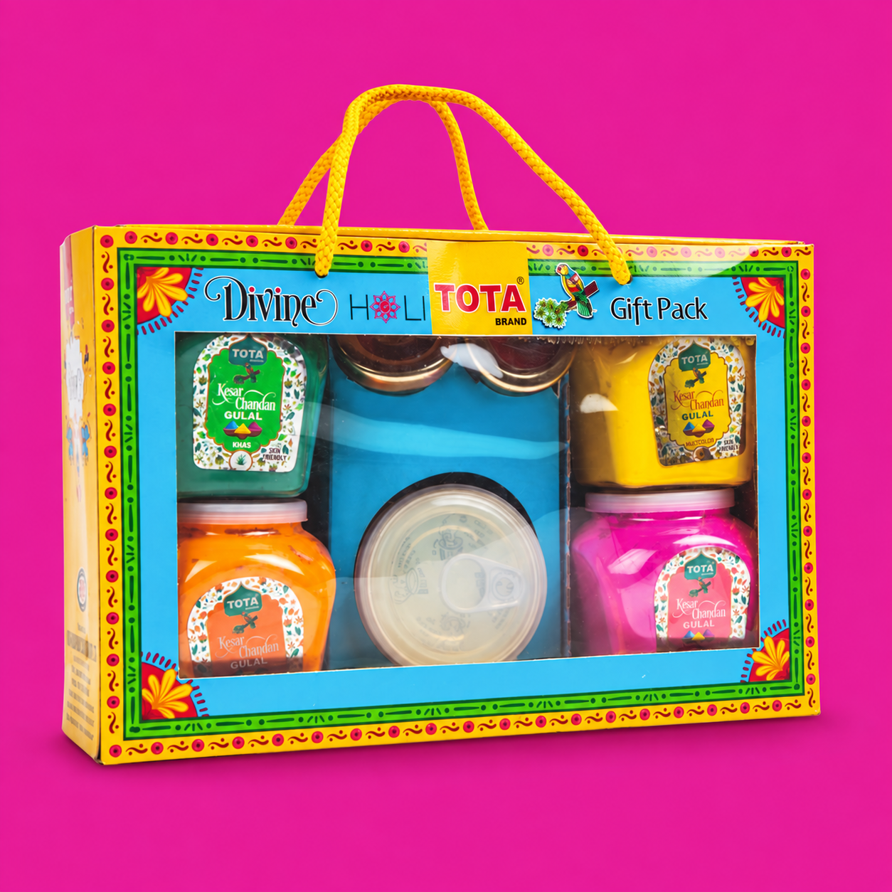 TOTA Divine Holi Gift Pack | 4 Herbal Gulal Jars × 100g with 2 Mukhwas & Chandan Tika