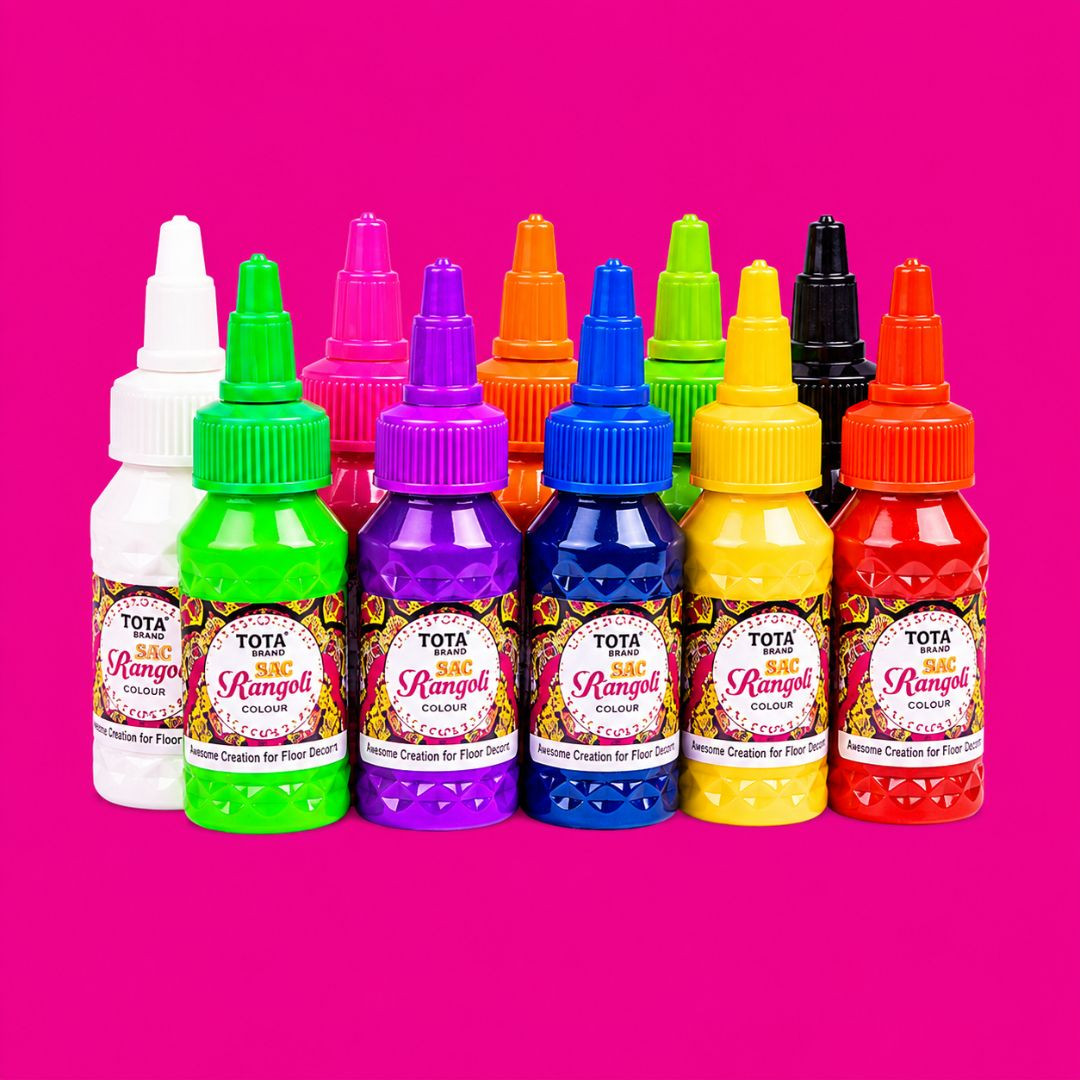 TOTA JOY Rangoli Colour Powder Bottles with Nozzle Control - 10 Premium Rangoli Bottles Each 100 GM | Multicolour Kolam Rangoli Powder