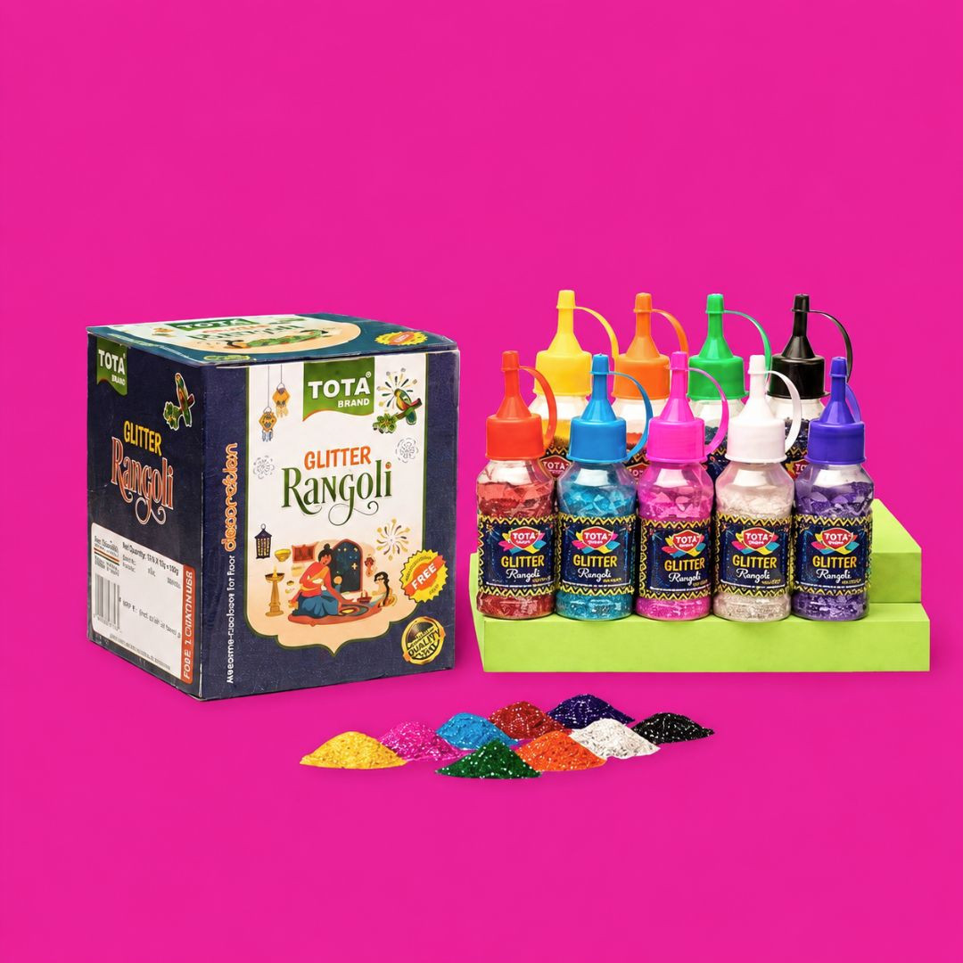 TOTA 9 Glitter Rangoli Colour Powder Bottles – Diwali Decoration Item Floor Rangoli Art Colours – 9 Rangoli Maker Bottles