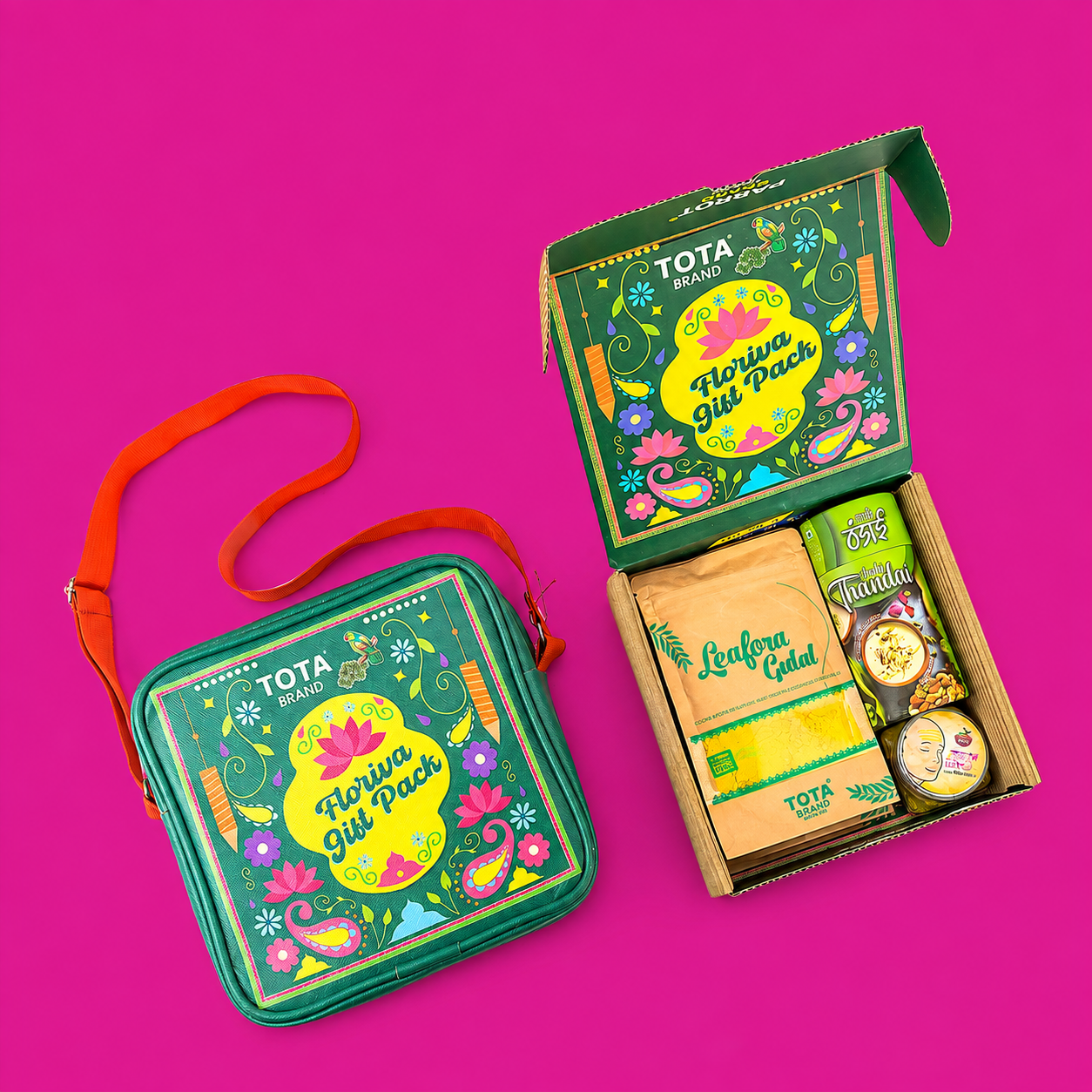TOTA Floriva Holi Gift Pack | 4 Gulal Pouches, Chandan Tika & Thandai with Felt Bag