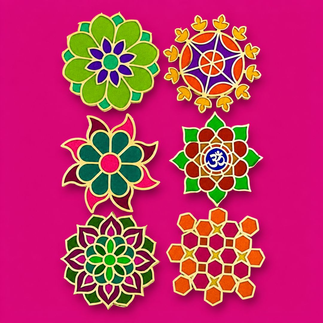 Set of 6 MDF Rangoli Stencils for Door Entrance | Reusable 3D Readymade Rangoli Mats for Floor