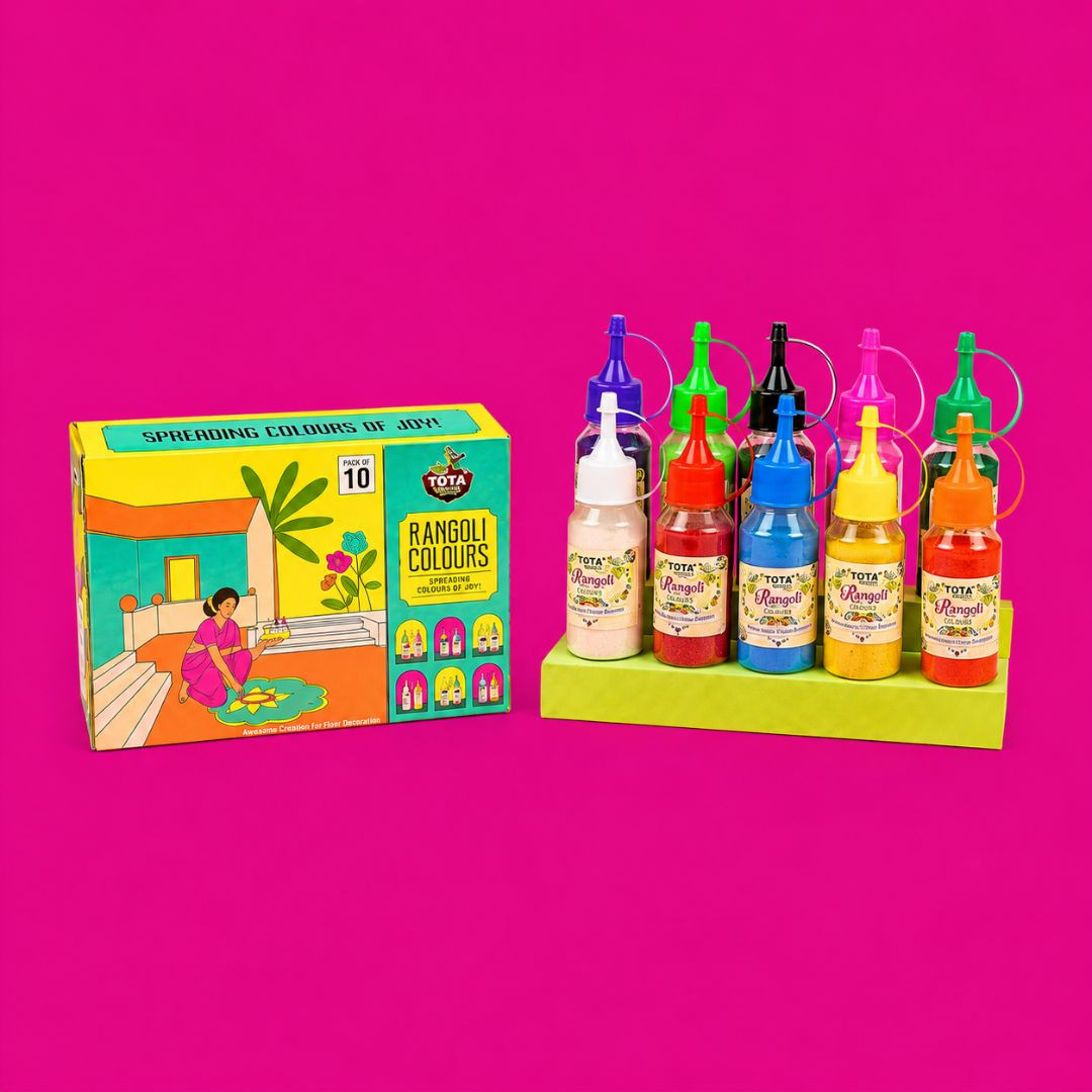 TOTA 10 Rangoli Colour Powder Bottles – Diwali Decoration Item Floor Rangoli Art Colours | Rangoli Color Powder Rang for Navratri Onam Pongal Pooja Mandir – 10 Rangoli Maker Bottles