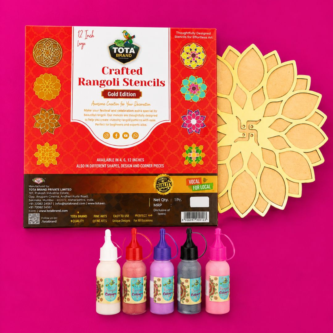 TOTA Rangoli Stencil Corner - Set of 5 Rangoli Colour Bottles + 1 MDF Stencils | 12 X 12 inch | Reusable 3D Rangoli