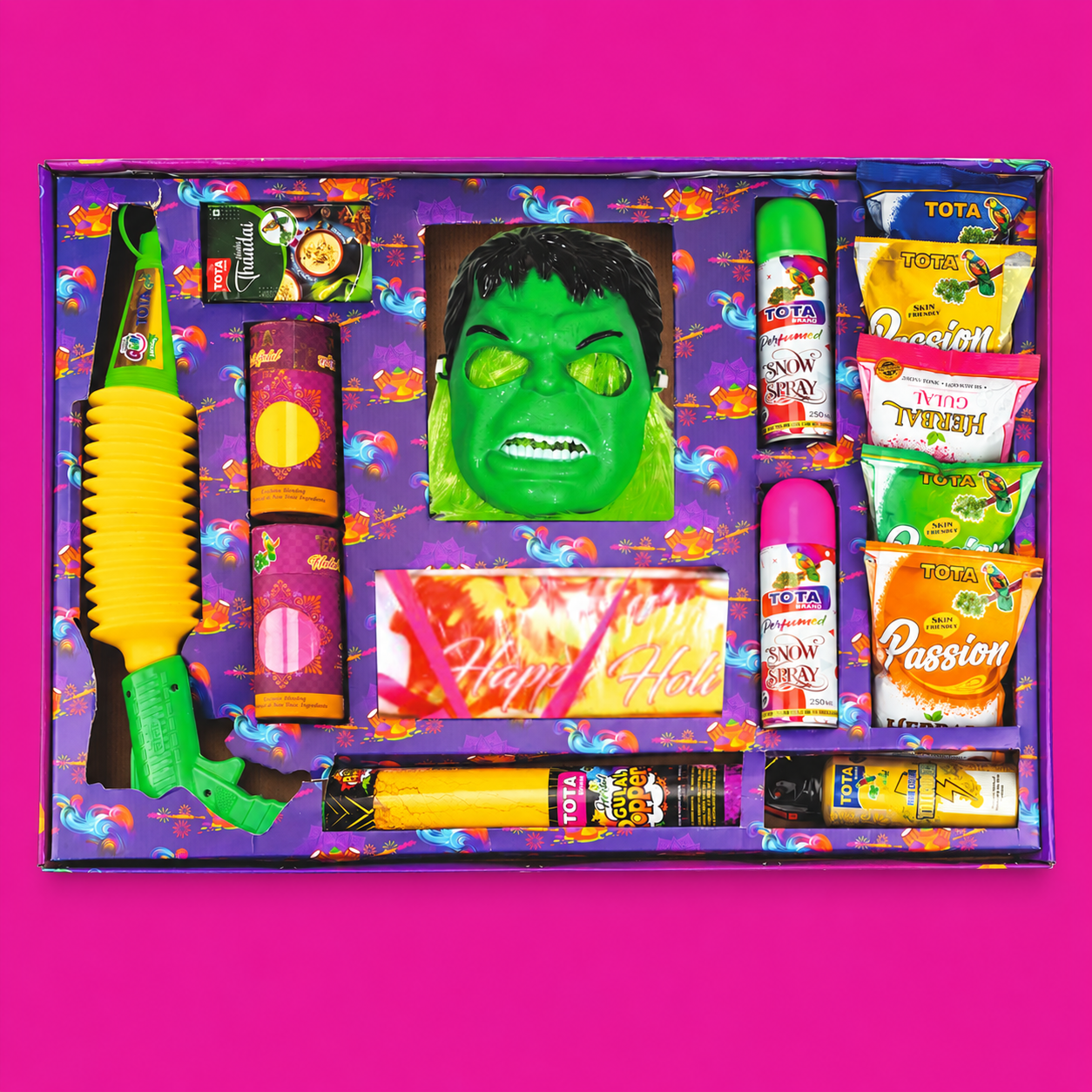 TOTA Natural & Herbal Holi Gift Hamper | Gulal, Thandai, Holi T-Shirt, Mask, Wig & Festive Essentials