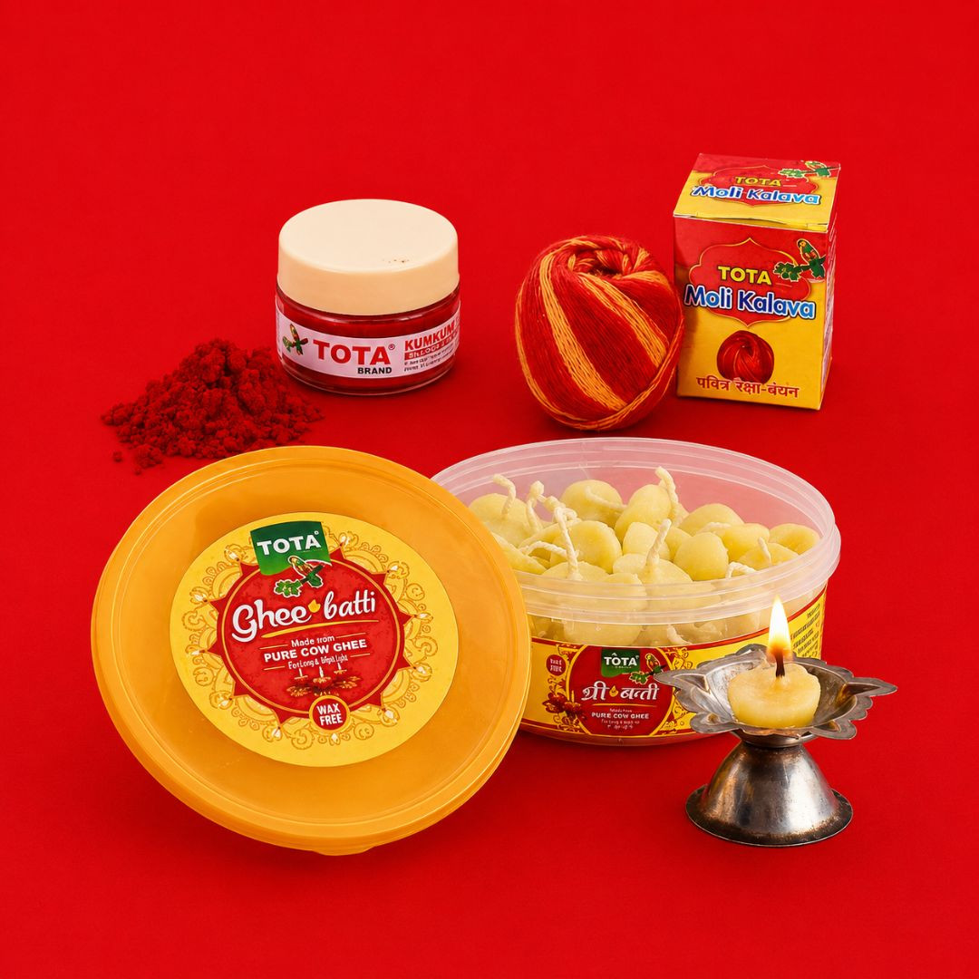 TOTA Combo of Kumkum, Roli, Cow Ghee Wicks and Moli Kalawa – Complete Puja Essentials Pack of 3