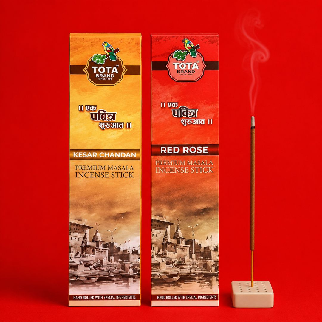 TOTA Masala Agarbatti Combo – Rose & Kesar Saffron Fragrance with Free Incense Stand, Pack of 2