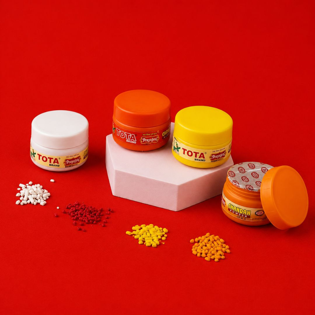 TOTA Prayagraj Chandan Tilak – Pure Sandalwood Tilak (Red, White, Yellow, Kesari) for Pooja & Rituals Pack of 4, 40g